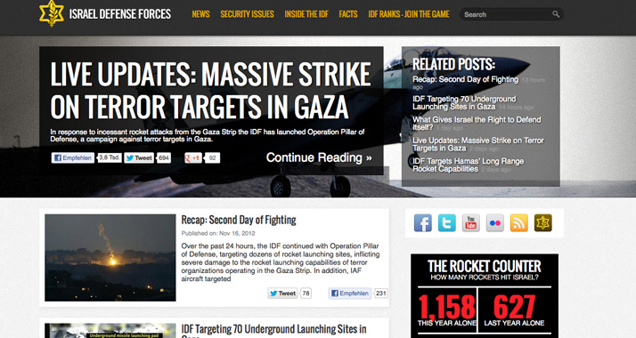 Das israelische Militär stellt auf seiner Homepage eine Fülle an Informationen zum aktuellen Geschehen bereit.