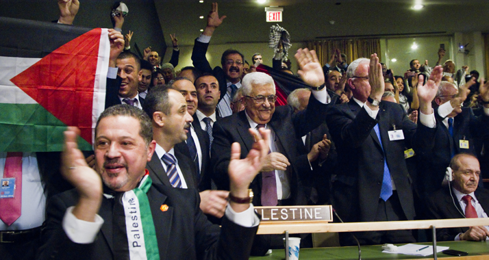 Großer Jubel in der palästinensischen Delegation um Präsident Mahmud Abbas