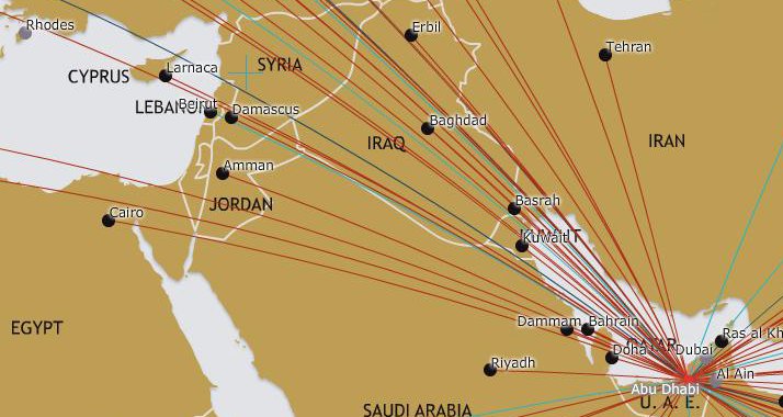 Unvollständige Karte: "Etihad" hat den Namen "Israel" nicht eingezeichnet.