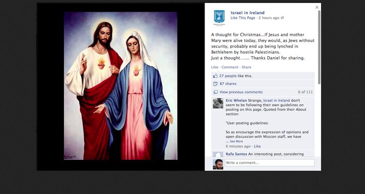Wieder gelöscht: Der Weihnachtskommentar auf der Facebook-Seite der israelischen Botschaft in Dublin