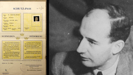 Raoul Wallenberg und einer der "Schutzpässe", die er an Juden verteilte. Sie verliehen ihnen den Status schwedischer Staatsbürger.