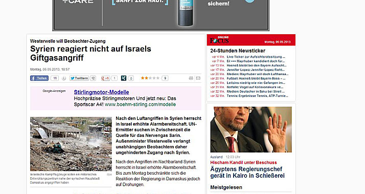 Laut "Focus Online" hat Israel in Syrien Giftgas eingesetzt.