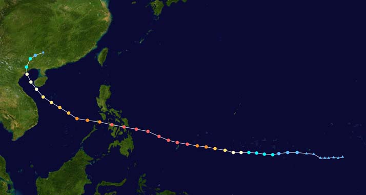 Die Zugbahn des Sturmes. "Haiyan" war einer der stärksten tropischen Wirbelstürme seit Beginn der Wetteraufzeichnungen.