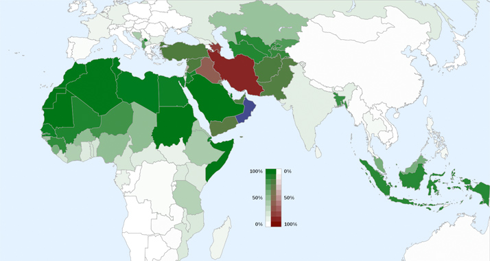 Wie sind Sunniten und Schiiten verbreitet? Grün - Sunniten, rot - Schiiten, blau - Ibaditen