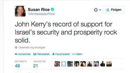 Kerrys Unterstützung für Israels Sicherheit und Wohlstand sei beständig, heißt es auf Rice' Twitter-Account.