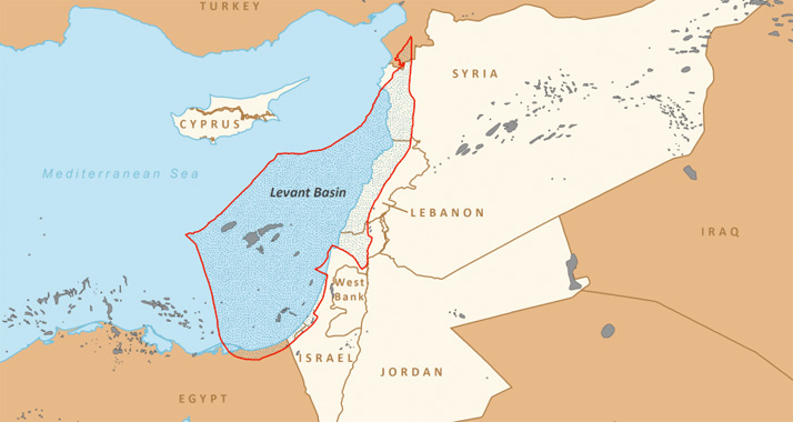 Der rot umrahmte Bereich zeigt das Levantinische Meer – den östlichsten Teil des Mittelmeeres. Die grauen Felder zeigen Gas- und Ölvorkommen.