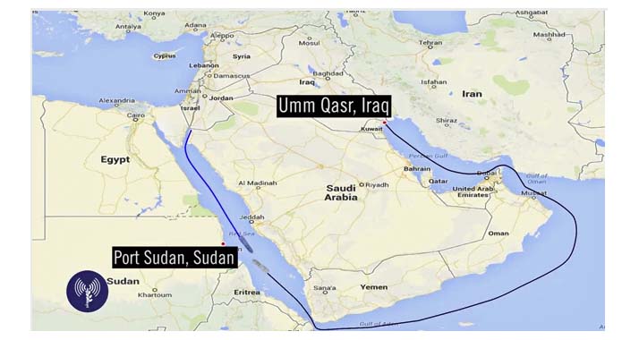 Der Weg der "Klos-C" führte von Bandar Abbas im Persischen Golf nach Umm Kasr im Süden des Irak und durch den Indischen Ozean in Richtung Port Sudan im Roten Meer.