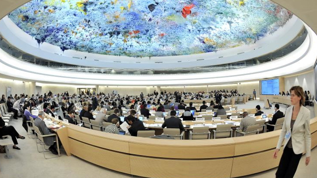 Der Sitzungssaal des UN-Menschenrechtsrates in Genf - hier wurden am Freitag fünf Resolutionen gegen Israel erlassen.