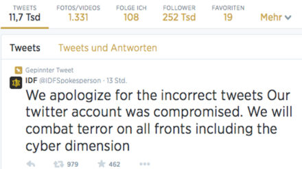 Die Armee entschuldigte sich online für die unechten Tweets, hinter denen syrische Hacker vermutet werden.