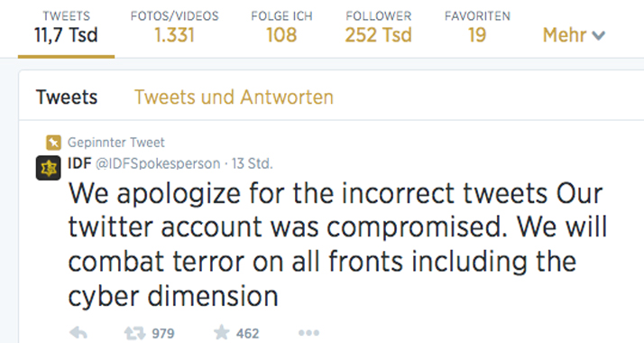 Die Armee entschuldigte sich online für die unechten Tweets, hinter denen syrische Hacker vermutet werden.