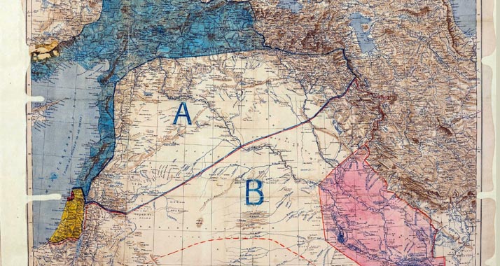 Die Landkarte zum „Sykes-­Picot“-Abkommen: Mit einem einzigen Bleistiftstrich teilten die Diplomaten den Vorderen Orient