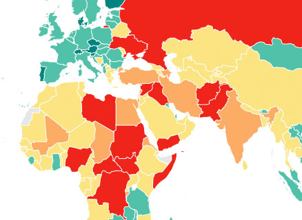 Die Farben zeigen es: In Nordafrika und Nahost geht es besonders kriegerisch zu