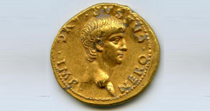 Auf der Münze ist das Antlitz von Kaiser Nero abgebildet