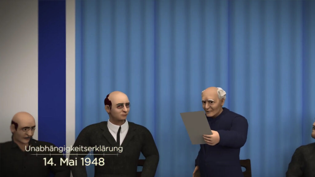 Der animierte David Ben-Gurion ruft die Unabhängigkeit des israelischen Staates im Animationsfilm „Wiederaufbau einer Nation“ aus