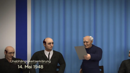 Der animierte David Ben-Gurion ruft die Unabhängigkeit des israelischen Staates im Animationsfilm „Wiederaufbau einer Nation“ aus