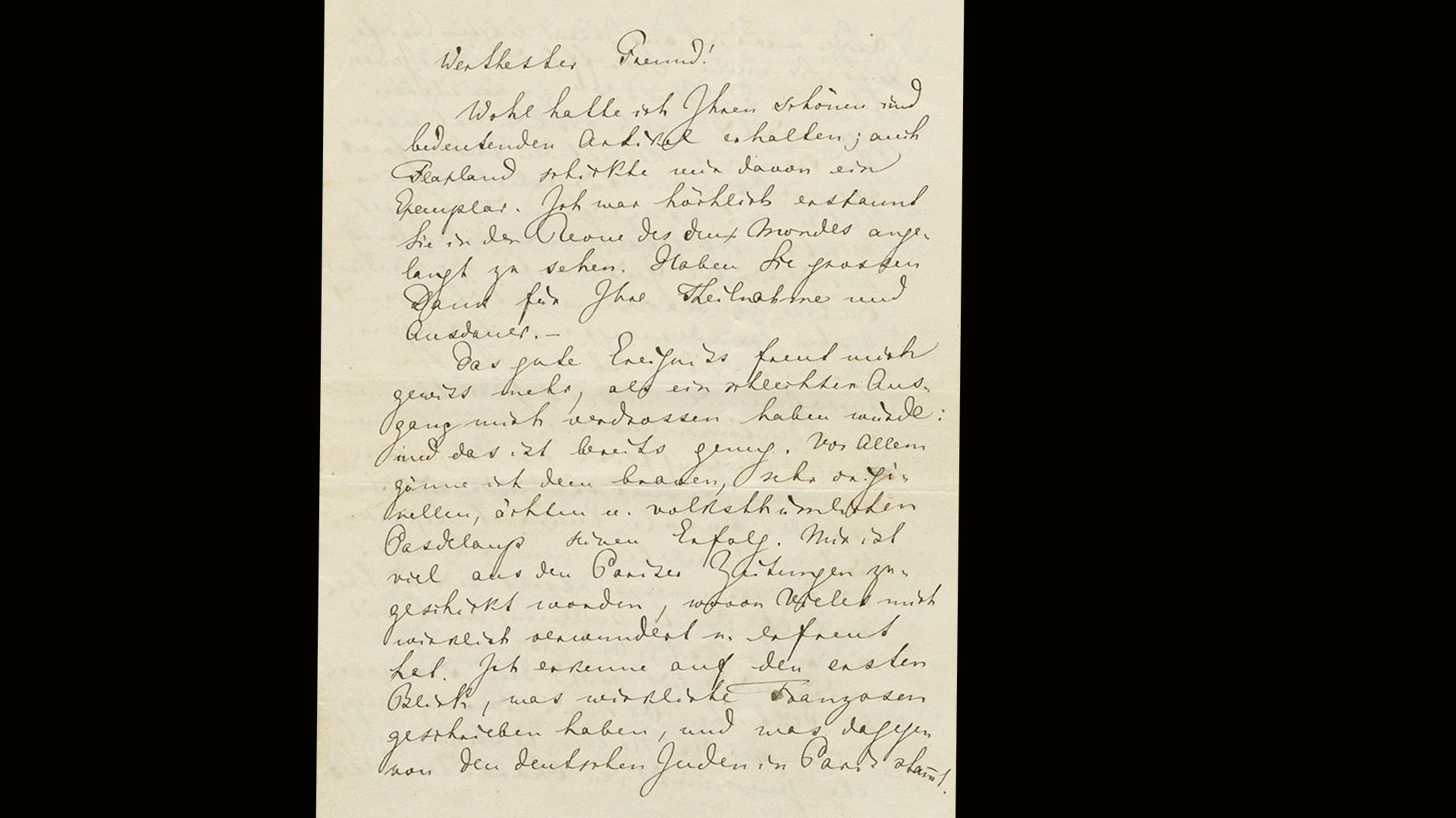 Die erste Seite des zweiseitigen Briefes, den Richard Wagner 1869 an den französischen Philosophen Édouard Schuré schickte