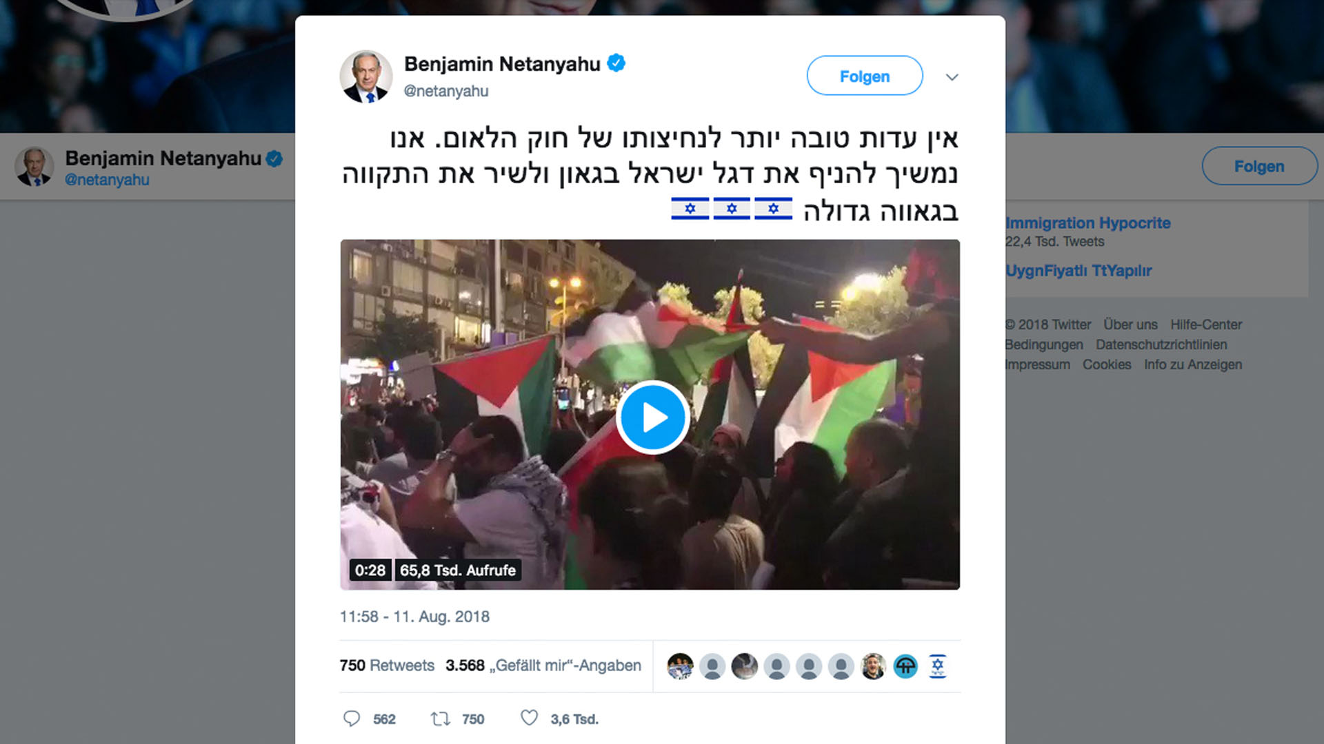 Israels Premierminister Netanjahu übte auf Twitter Kritik am Schwenken der palästinensischen Fahnen