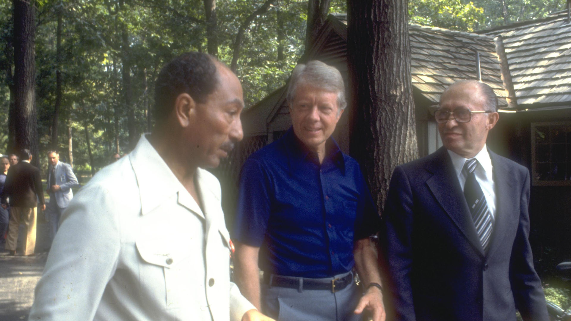 Sadat, Carter und Begin bei Verhandlungen im amerikanischen Camp David