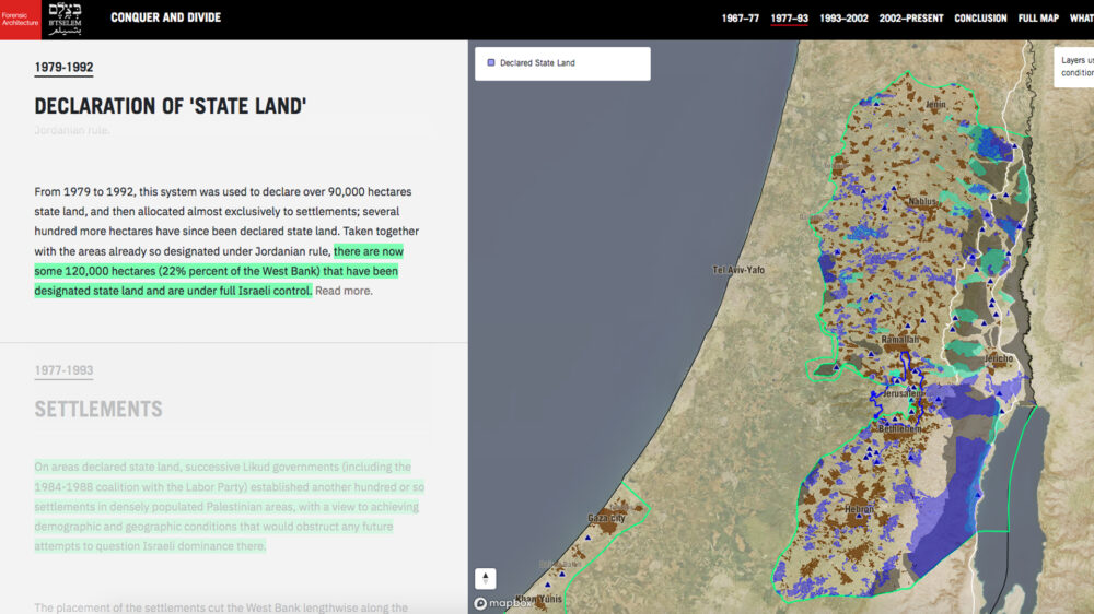 Die Webseite von der Organisation B'Tselem, die interaktive Karten zur israelischen Siedlungsentwicklung im Westjordanland zeigt, heißt „Erobere und teile“