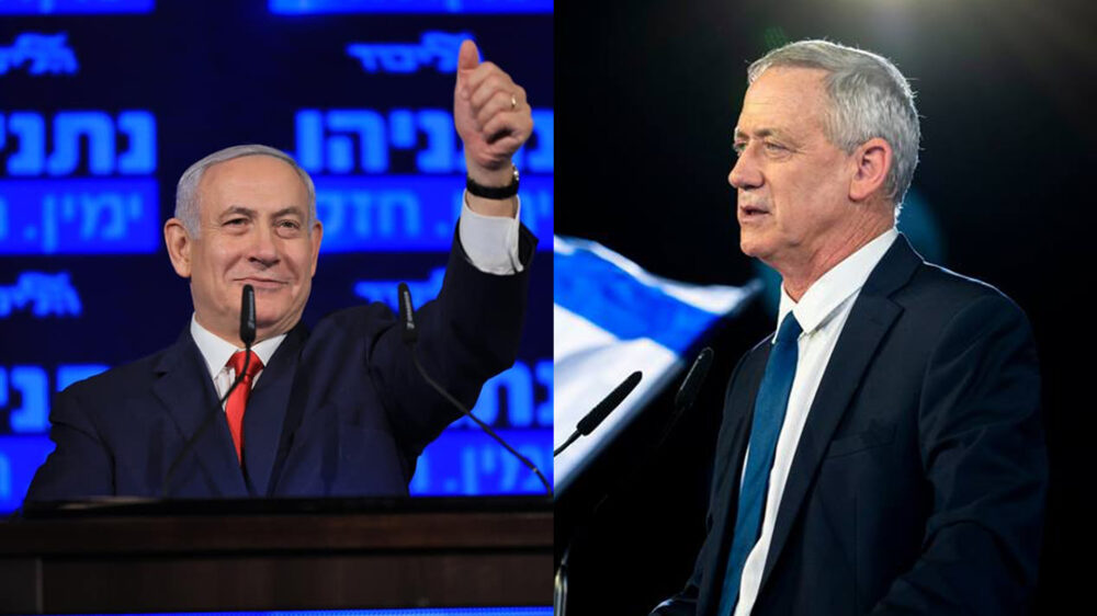 Bislang kann sich weder Gantz (re.) noch Netanjahu als Wahlsieger sehen