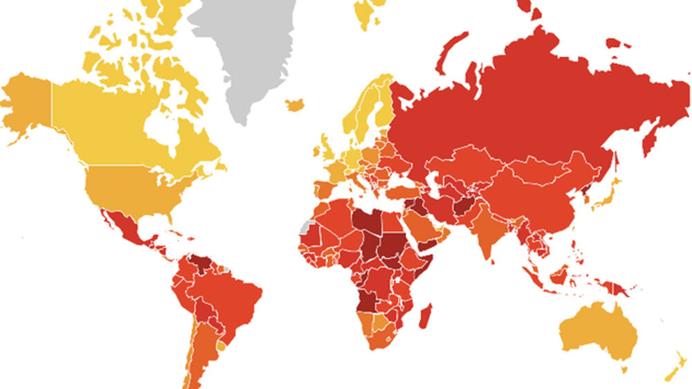 Insgesamt wurde die Korruptionswahrnehmung in 180 Ländern untersucht