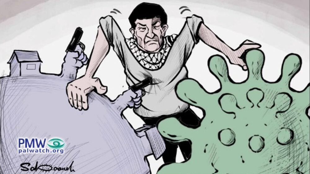 In dieser Karikatur kämpft der Palästinenser gleichzeitig gegen die israelische Besatzung und das Coronavirus