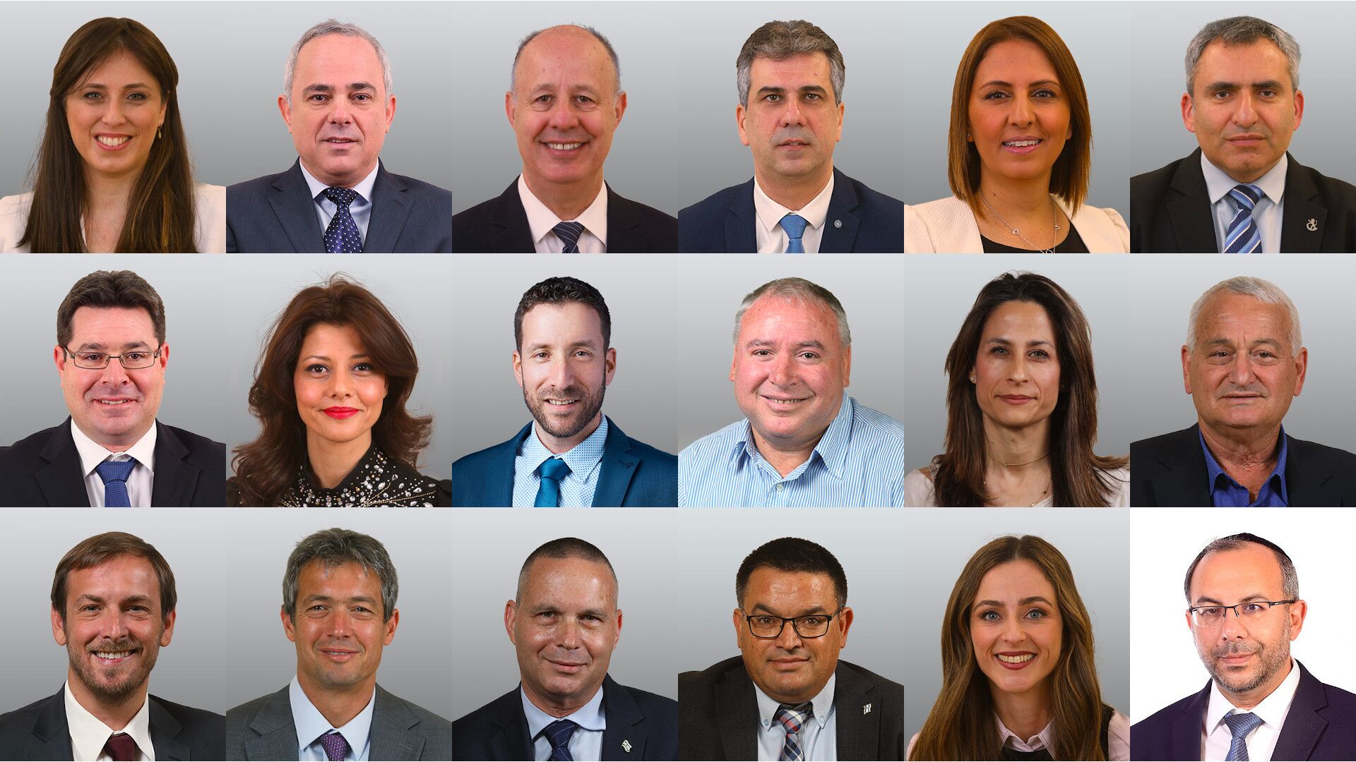 Weitere Minister sind (von oben links nach unten rechts): Zippi Hotoveli (Siedlungsministerin, Likud), Juval Steinitz (Energieminister, Likud), Zachi Hanegbi (Minister ohne Ressort, Likud), Eli Cohen (Geheimdienstminister, Blau-Weiß), Gila Gamliel (Umweltministerin, Likud), Se’ev Elkin (Hochschulminister, Likud), Ofir Akunis (designiert: Minister für regionale Kooperation, Likud), Orli Levi-Abekassis (Ministerin für Stärkung der Gemeinschaften, Gescher), Itzik Schmuli (Wohlfahrtsminister, Arbeitspartei), David Amsalem (Minister für Beziehungen zur Knesset, Likud), Orit Farkasch-Hacohen (Strategieministerin, Blau-Weiß), Alon Schuster (Landwirtschaftsminister, Blau-Weiß), Assaf Samir (Tourismusminister, Blau-Weiß), Joas Hendel (Kommunikationsminister, Derech Eretz), Jischar Schai (Wissenschaftsminister, Blau-Weiß), Michael Biton (zweiter Minister im Verteidigungsministerium, Blau-Weiß), Meirav Cohen (Ministerin für soziale Gerechtigkeit, Blau-Weiß), Ja’akov Avitan (Religionsminister, Schass).