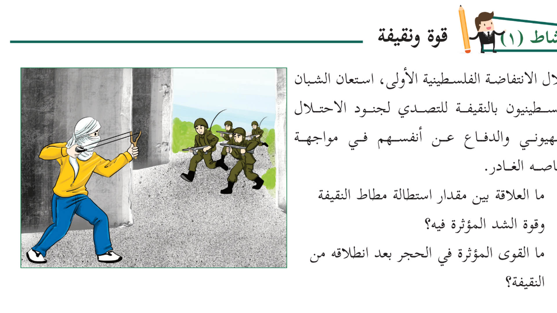 Physik für Siebtklässer: Ein palästinensisches Schulbuch erklärt Newtons zweites Gesetz mit einem Palästinenser, der israelische Soldaten attackiert