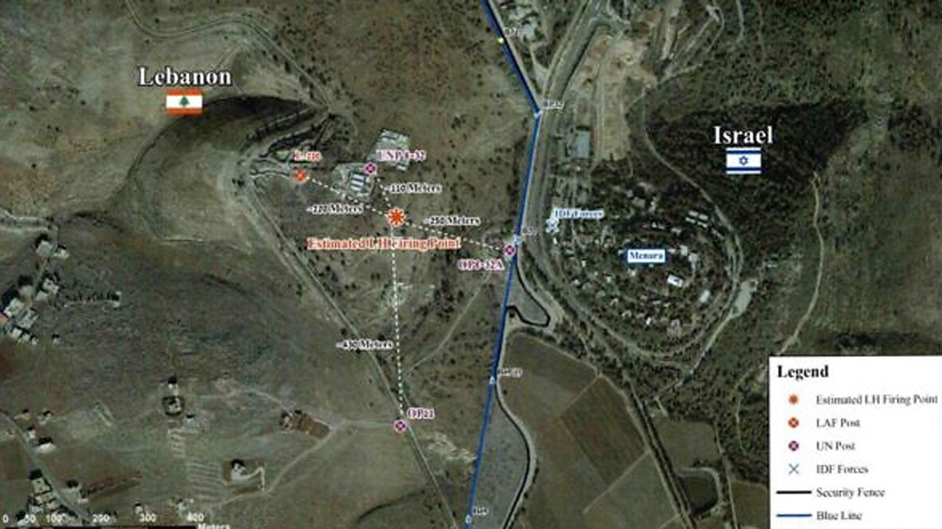 Etwas unscharfer Scan des im Brief beigefügten Satellitenbildes: Die orangen Punkte sollen die Schussposition darstellen, die violetten Punkte die UNIFIL-Stellungen