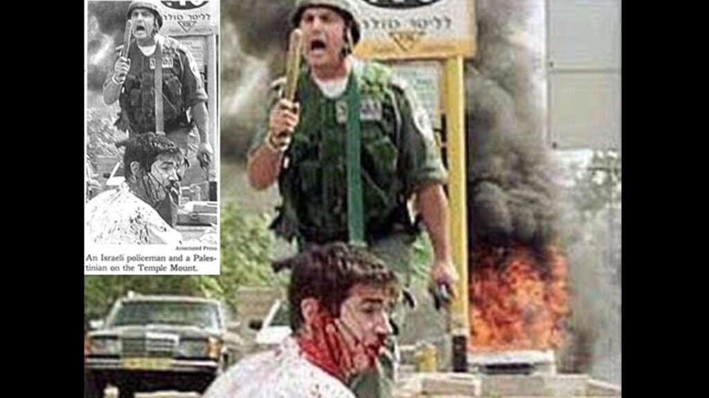 Das farbige Bild ist das Original, der das schwarz-weiße Ausschnitt erschien in der „New York Times“ – auch dort ist noch die israelische Zapfsäule zu erkennen