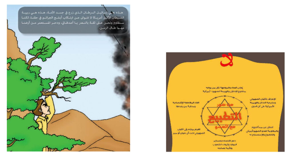 Bilder aus zwei jemenitischen Lehrbüchern: Ein ägyptischer Junge blickt vom Sinai auf das verhasste Israel; ein sechszackiger gelber Stern warnt vor Normalisierung