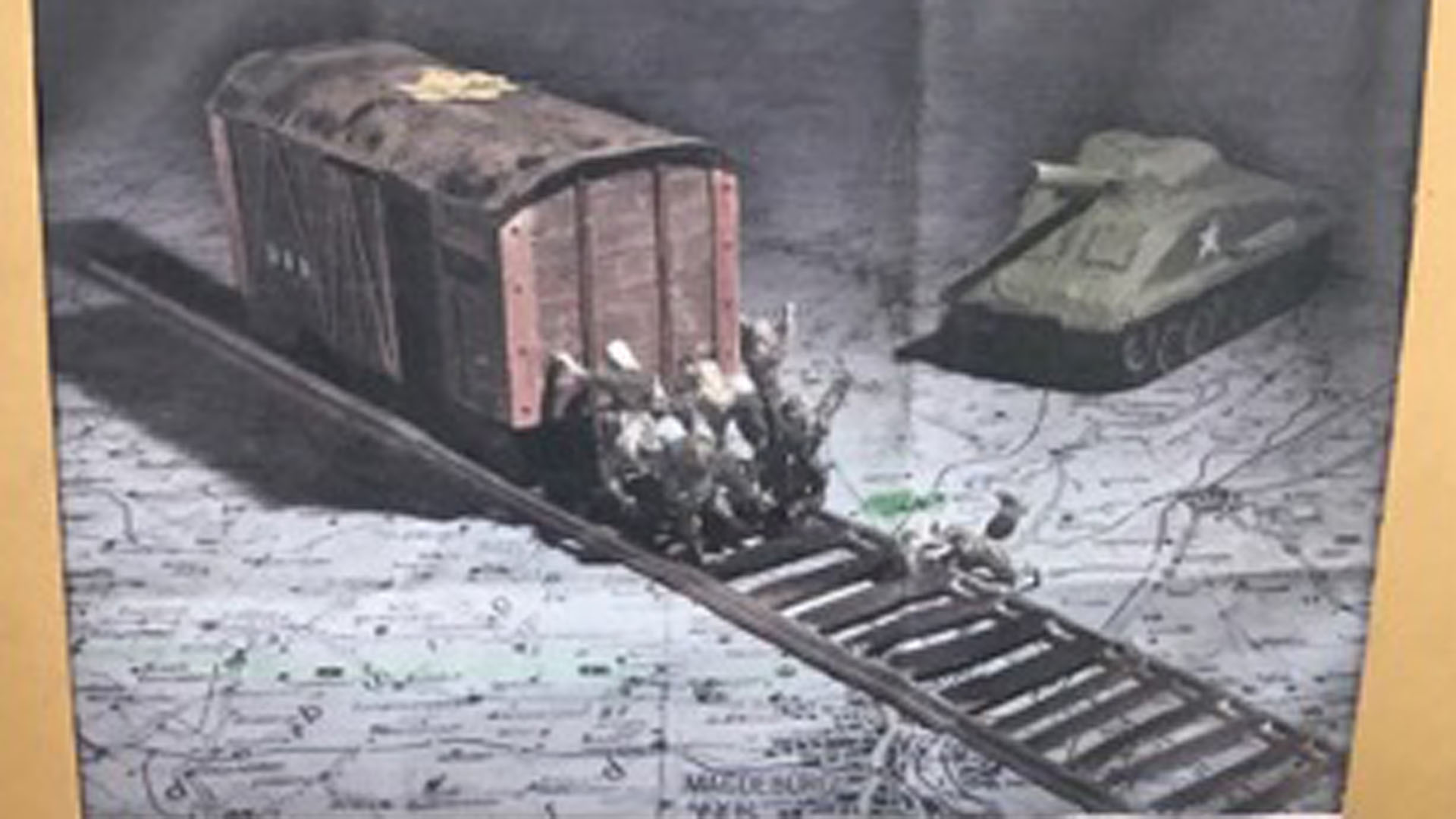 Später malte Sara Atzmon ein Bild von den Häftlingen, die den Waggon wegschieben wollten
