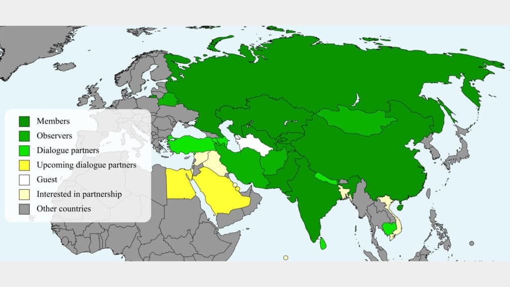 Die Karte zeigt die Mitglieder und Beobachterstaaten der Shanghaier Organisation für Zusammenarbeit