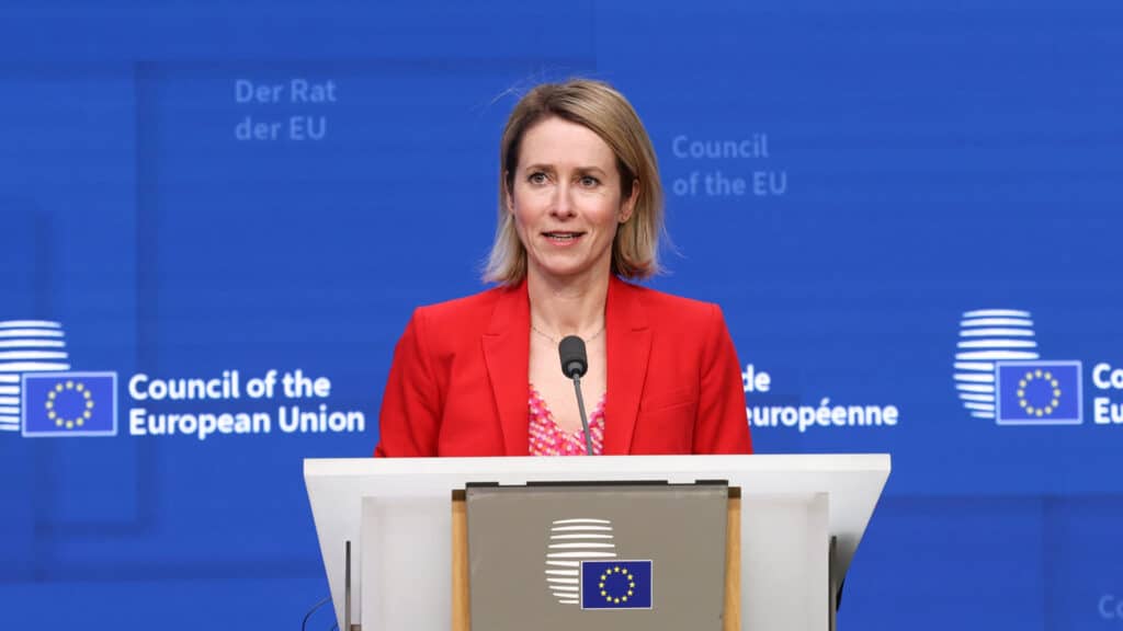 Die EU-Außenbeauftragte Kallas stellte am Montag den Sanktionsbeschluss der EU-Außenminister vor