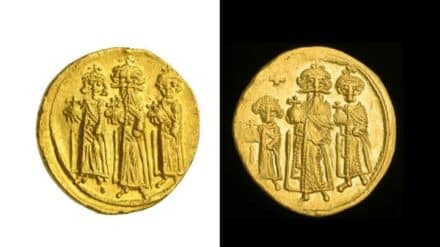 Der byzantinische Kaiser Herakleios ließ sich auf Münzen mit seinen Söhnen abbilden: rechts sind sie noch jung, links bereits erwachsen
